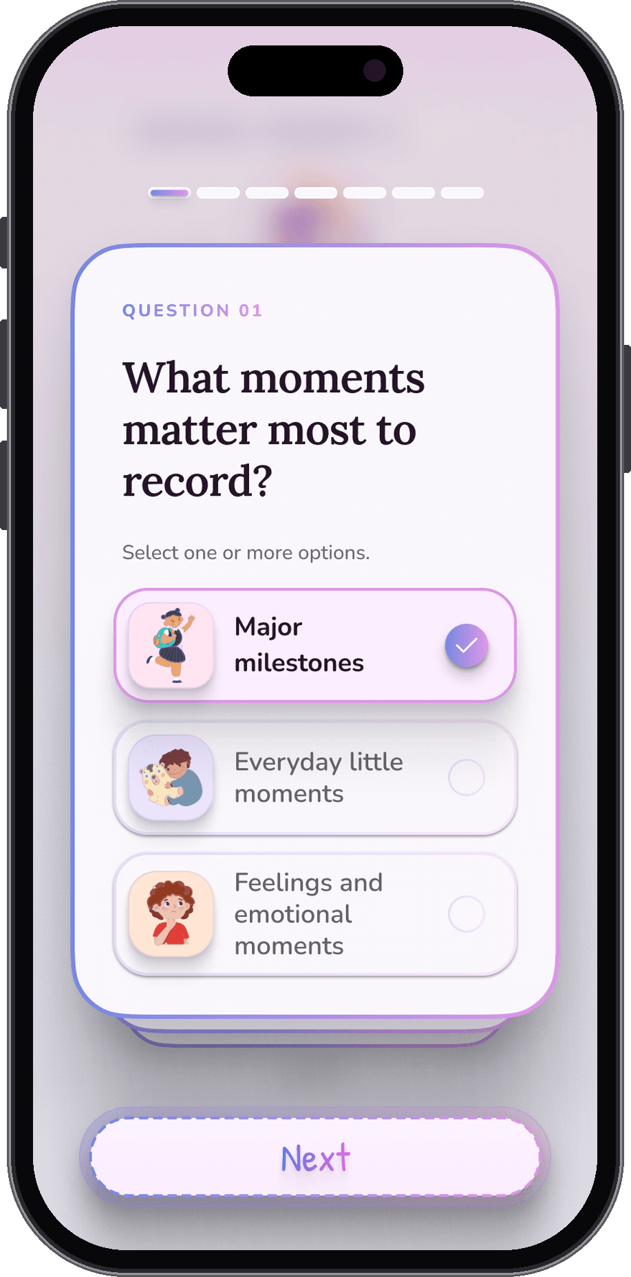 Question 1 of the getting-started quiz: what moments matter most to record?
